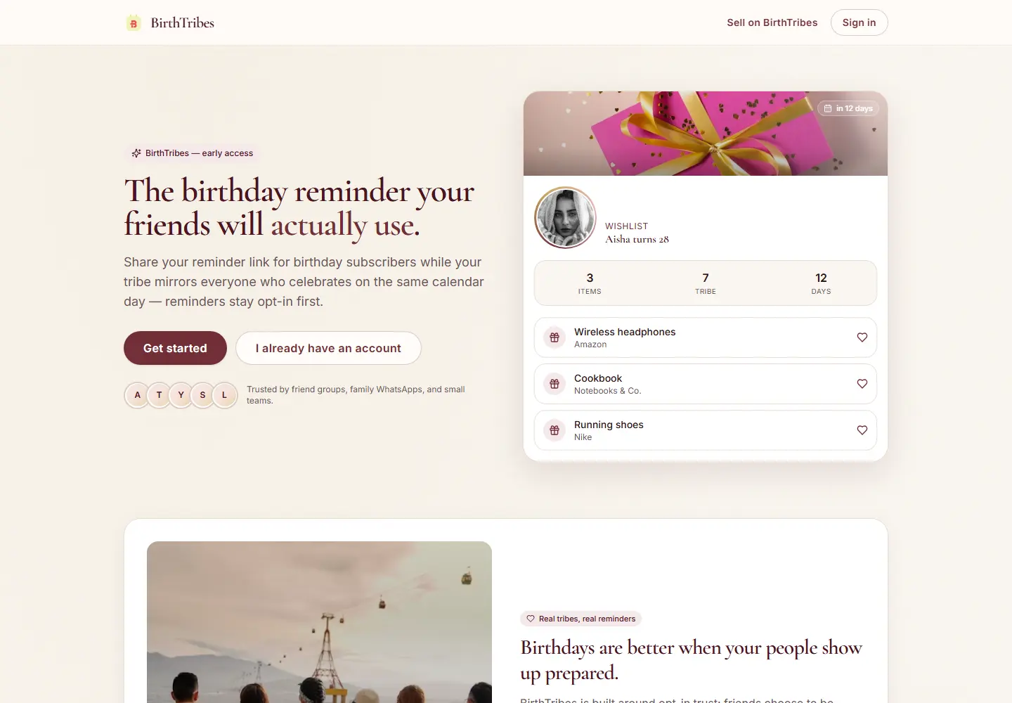 BirthTribes early-access homepage with a shared birthday wishlist