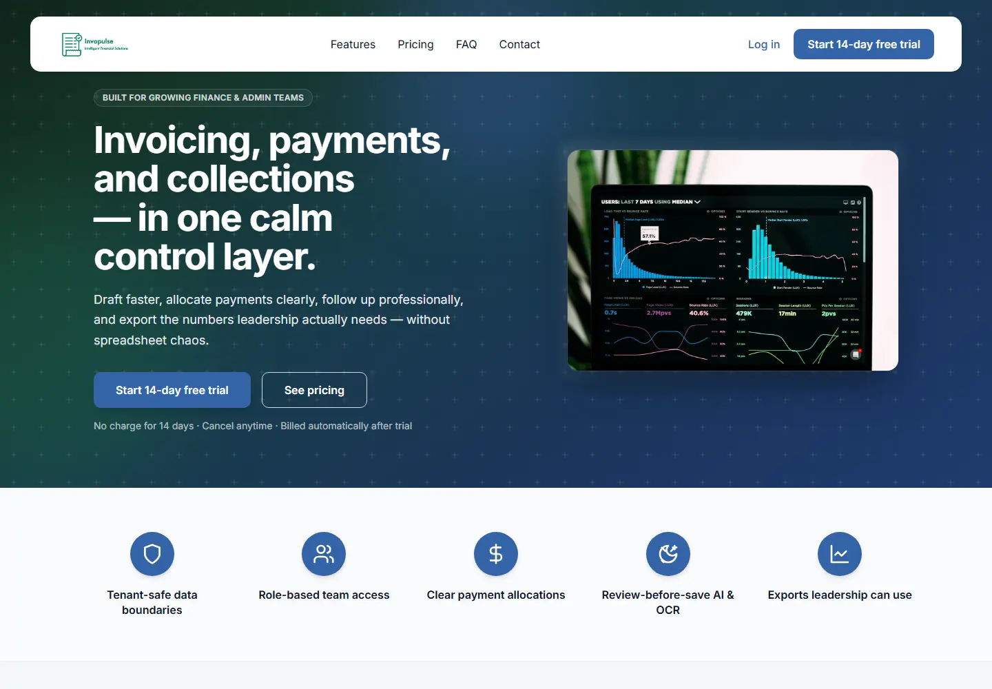 InvoPulse homepage for invoicing, payments and collections